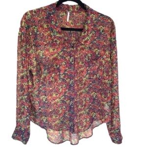 Free People shirt roll tan sleeve button down slight hi low semi sheer floral XS